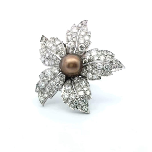 18K White Gold Natural Pearl & Diamond Flower Ring