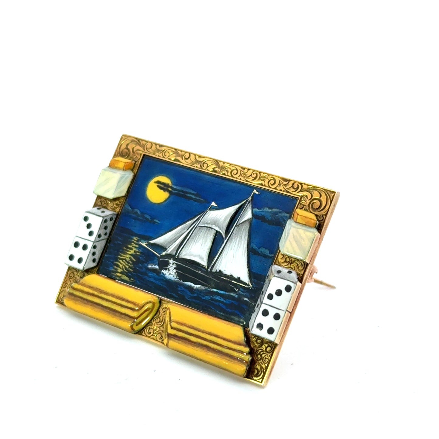 1930's American 18k Yellow Gold Enamel Whimsical Boat Painting Brooch