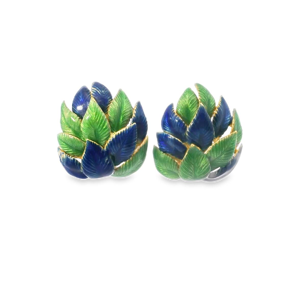 18k Yellow Gold  Rene Boivin Vintage Leaf Green and Blue Enamel Earrings  - 21.3