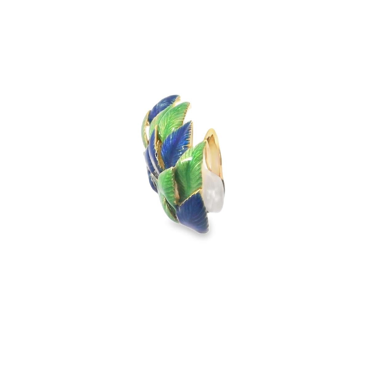 18k Yellow Gold  Rene Boivin Vintage Leaf Green and Blue Enamel Earrings  - 21.3