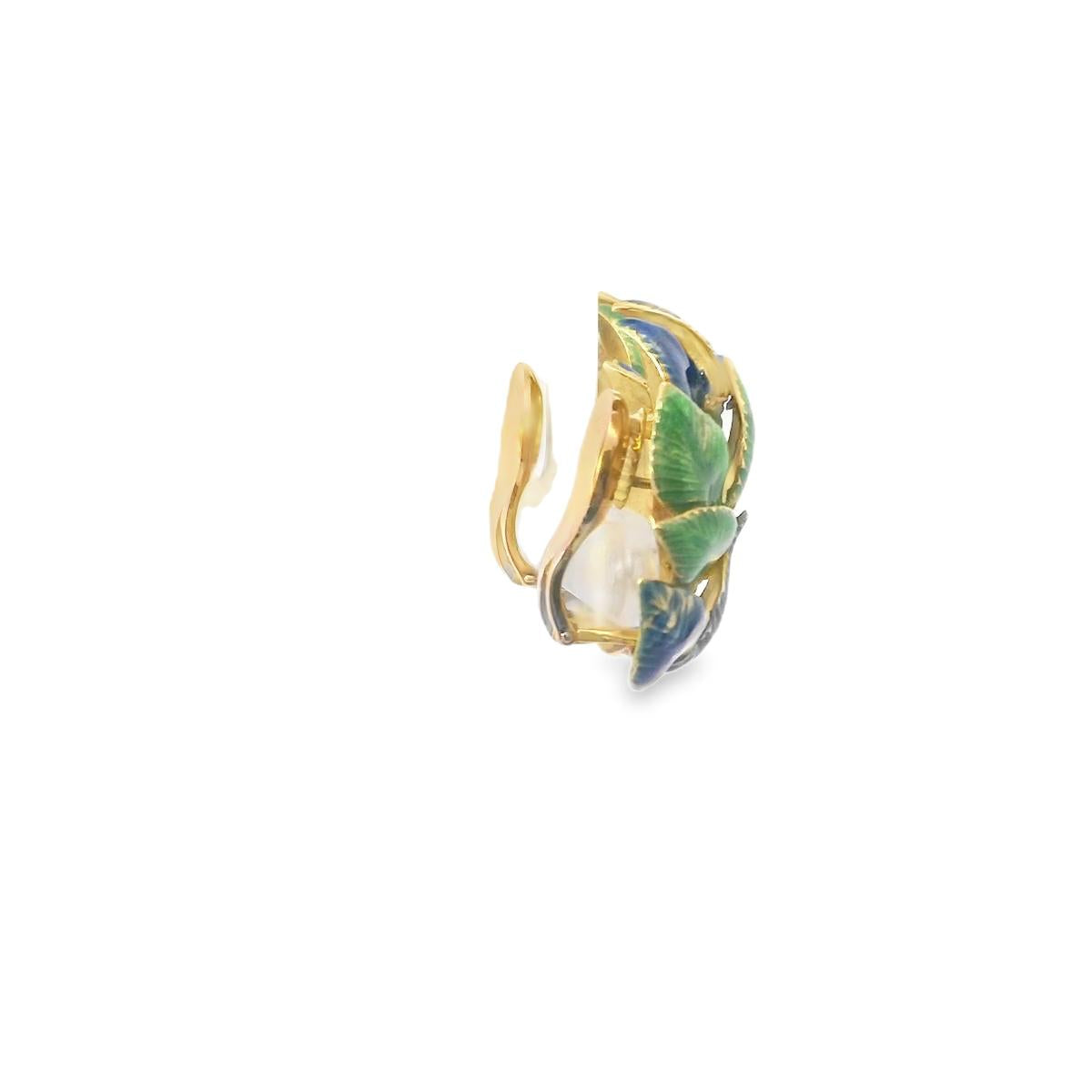 18k Yellow Gold  Rene Boivin Vintage Leaf Green and Blue Enamel Earrings  - 21.3