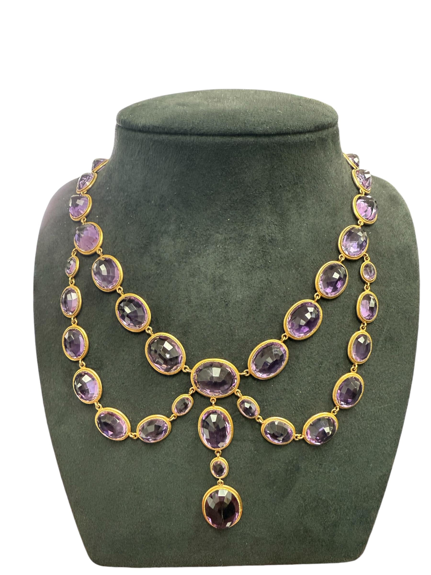 18k Yellow Gold   Victorian Drops Amethyst  Necklace  - 75.9GRAM -A143.2 cts