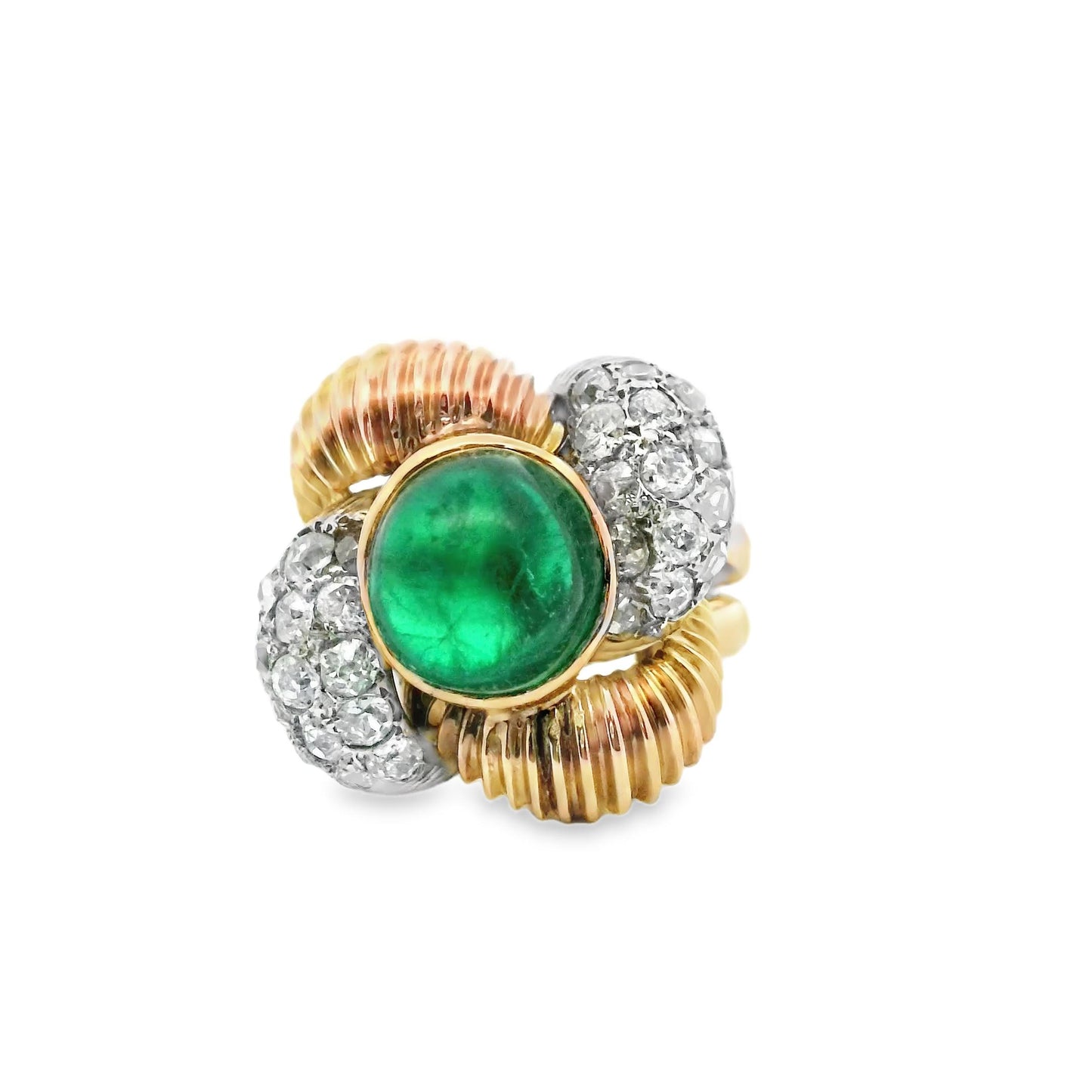 18k Yellow Gold and Platinum Cabochon Emerald and Diamond Ring