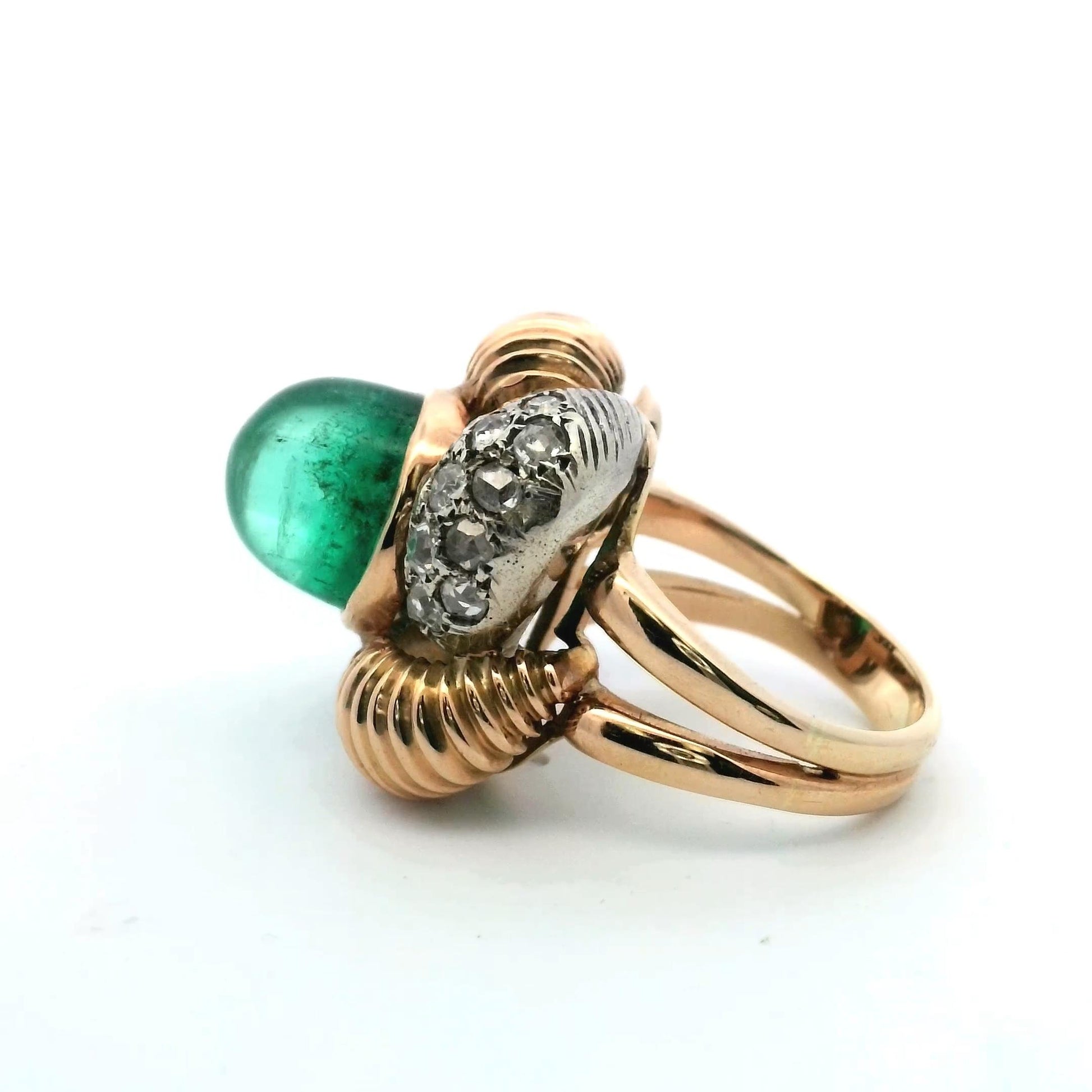 18k Yellow Gold and Platinum Cabochon Emerald and Diamond Ring