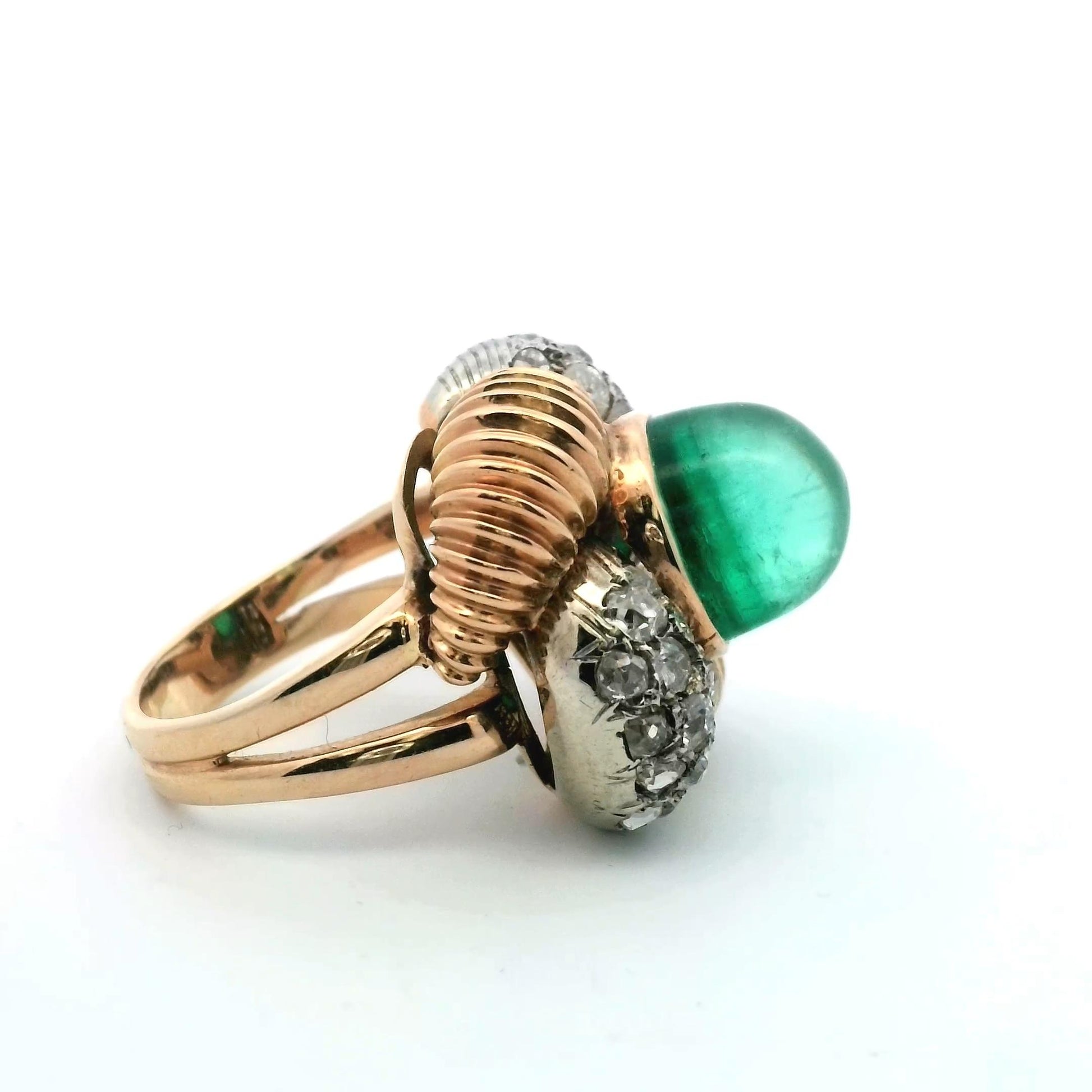 18k Yellow Gold and Platinum Cabochon Emerald and Diamond Ring