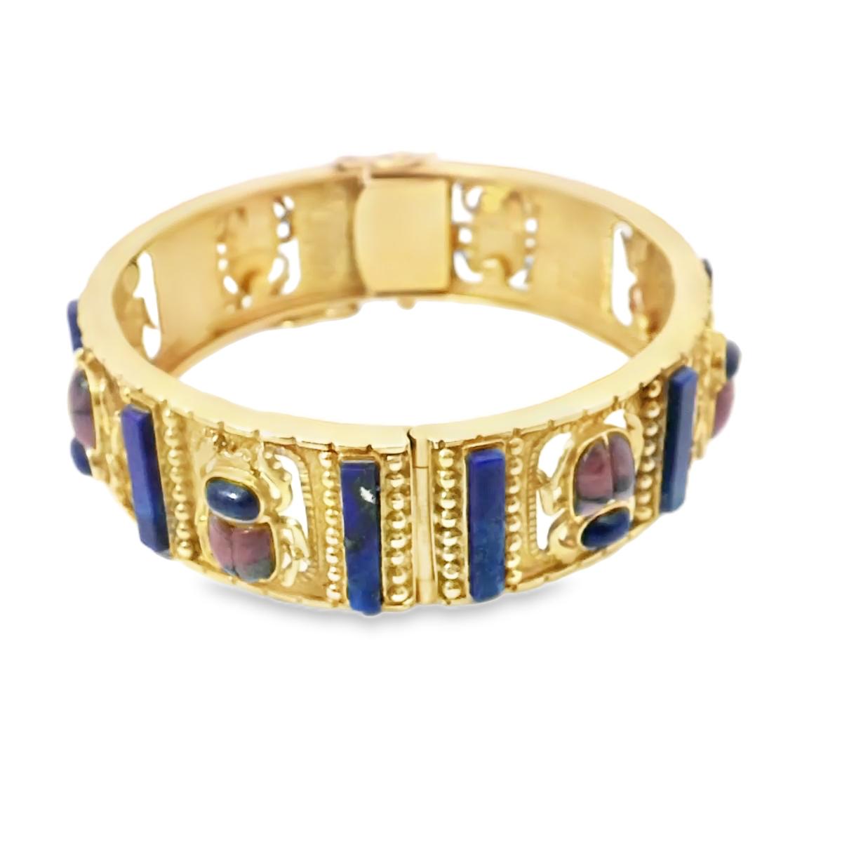 18K Yellow Gold Spanish Scarabs Bangle In Rhodonite and Lapis-Lazuli