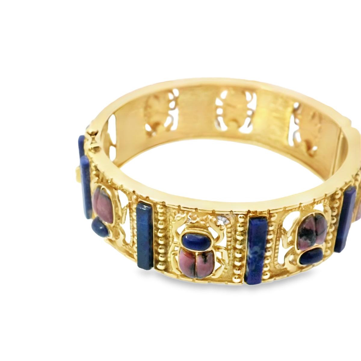 18K Yellow Gold Spanish Scarabs Bangle In Rhodonite and Lapis-Lazuli