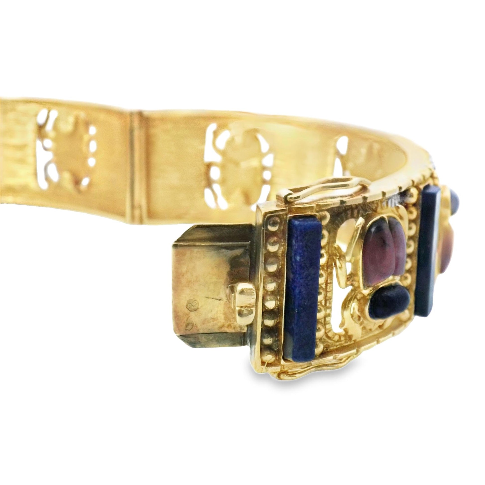 18K Yellow Gold Spanish Scarabs Bangle In Rhodonite and Lapis-Lazuli