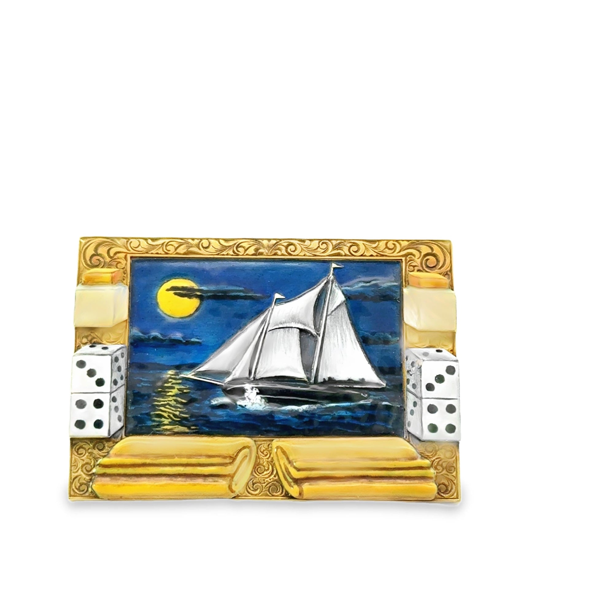 1930's American 18k Yellow Gold Enamel Whimsical Boat Painting Brooch