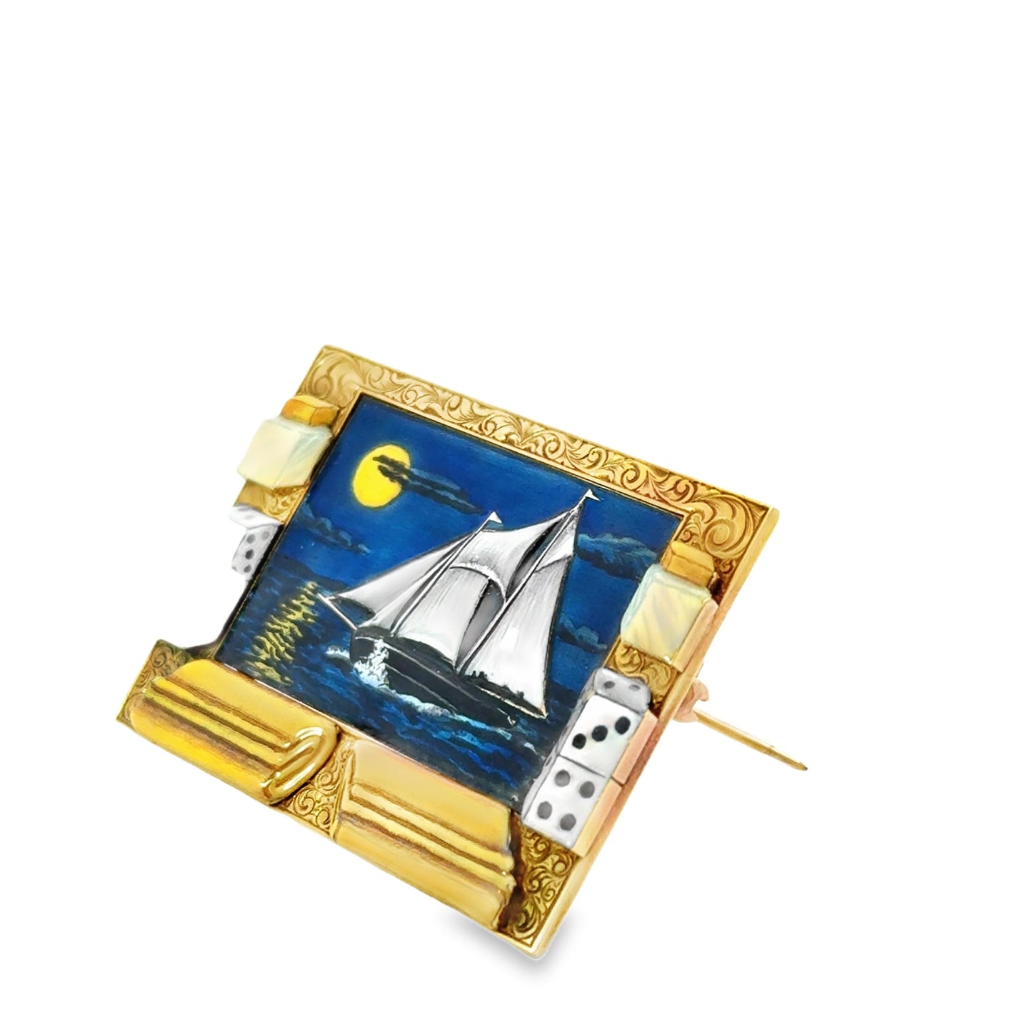 1930's American 18k Yellow Gold Enamel Whimsical Boat Painting Brooch