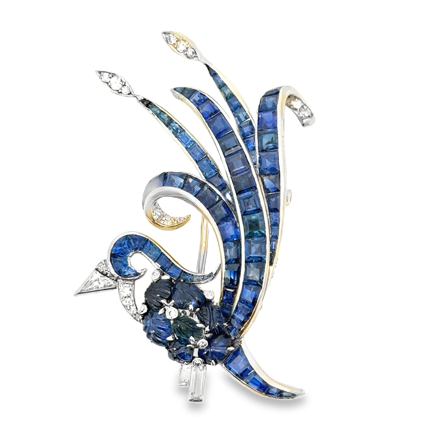 An Art Deco Sapphire  “tutti frutti” Bird Brooch in Platinum,