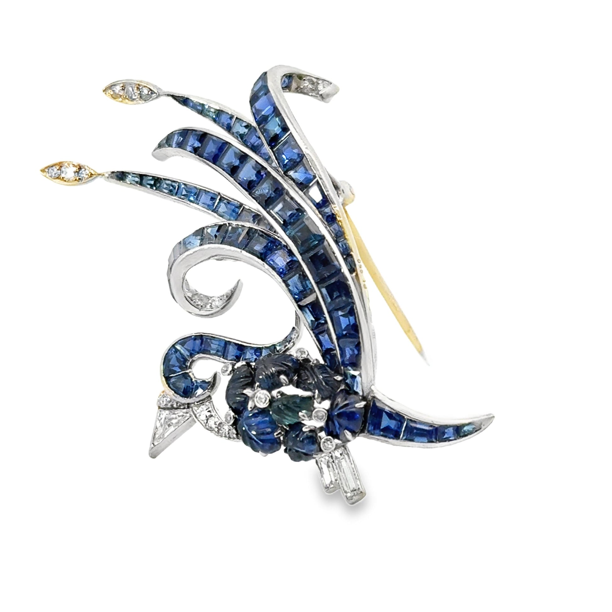 An Art Deco Sapphire  “tutti frutti” Bird Brooch in Platinum,