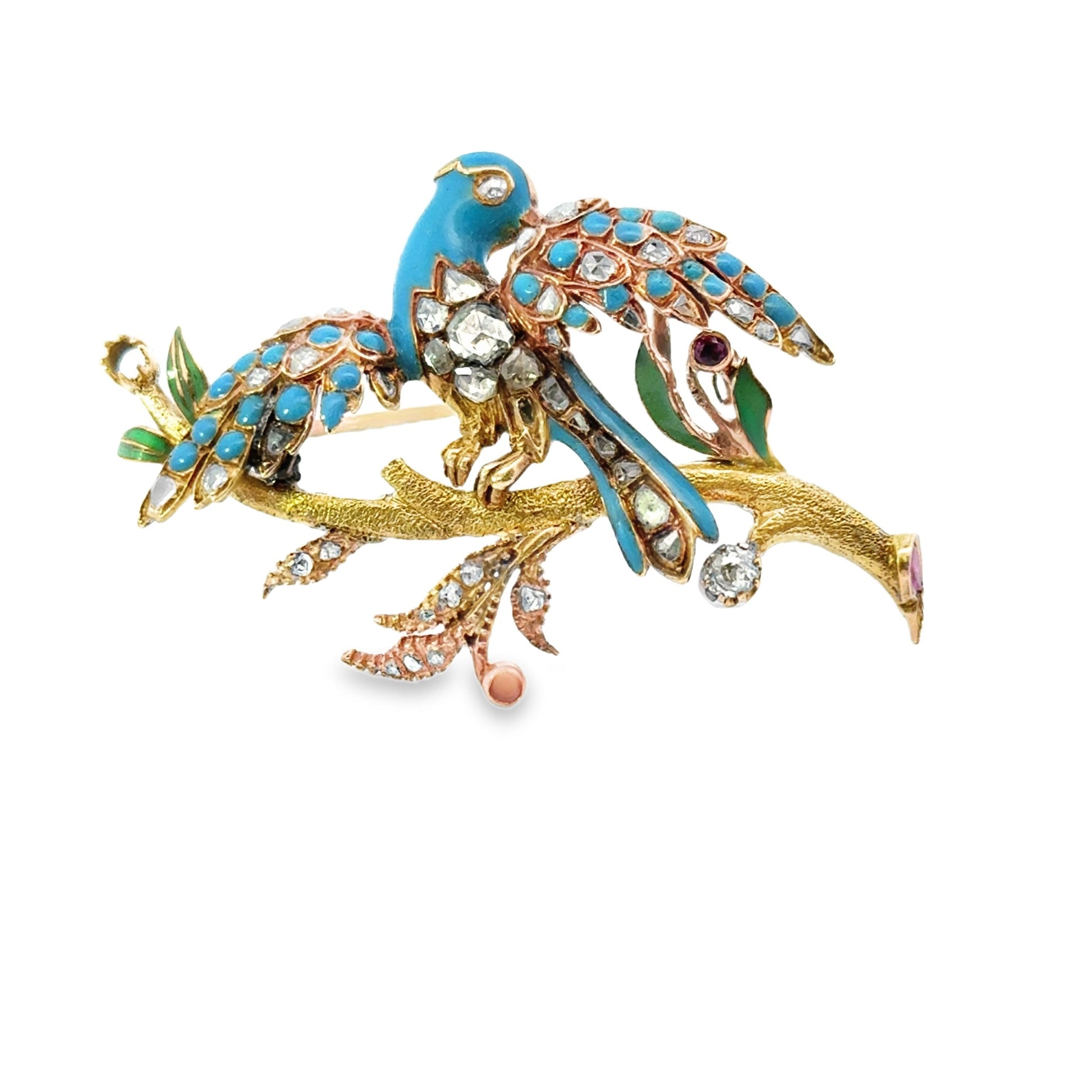 A 1900 18K Yellow Gold Gemset Turquoise Bird Brooch