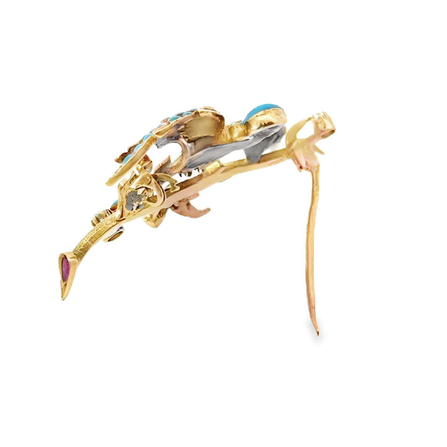 A 1900 18K Yellow Gold Gemset Turquoise Bird Brooch