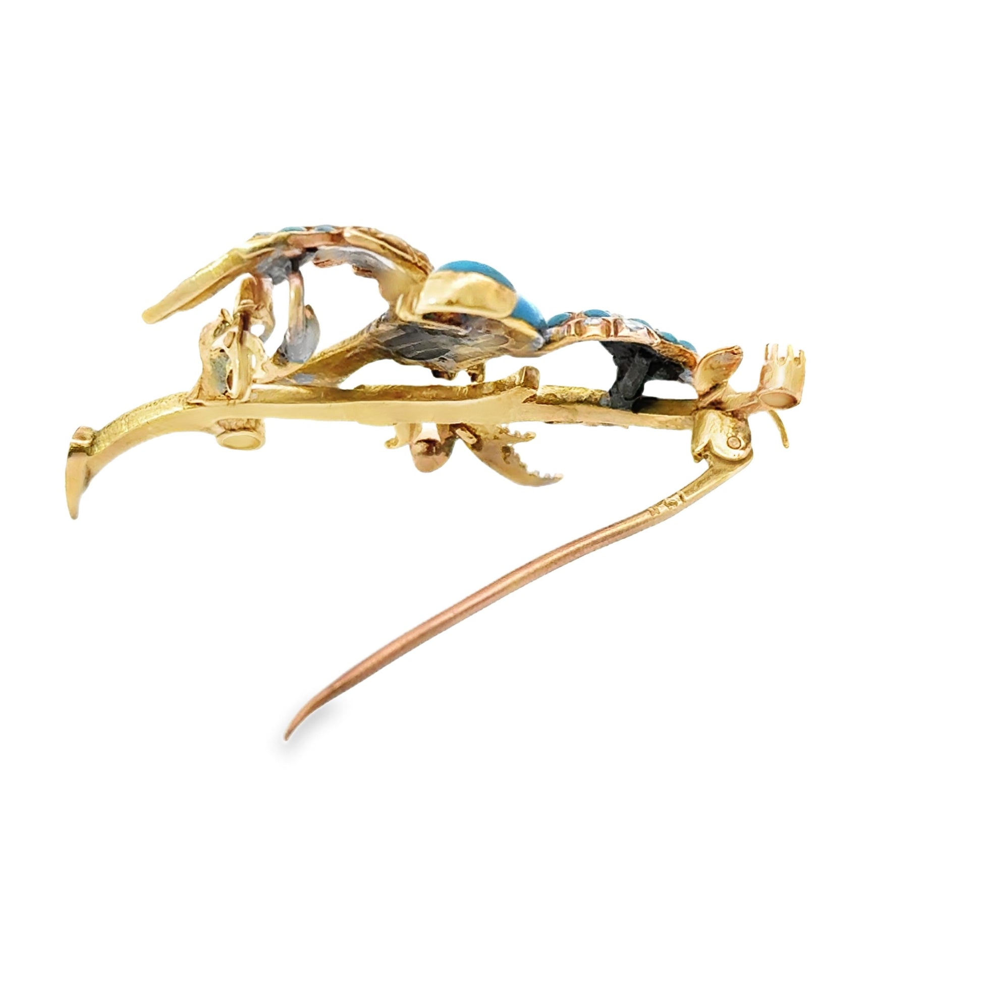 A 1900 18K Yellow Gold Gemset Turquoise Bird Brooch