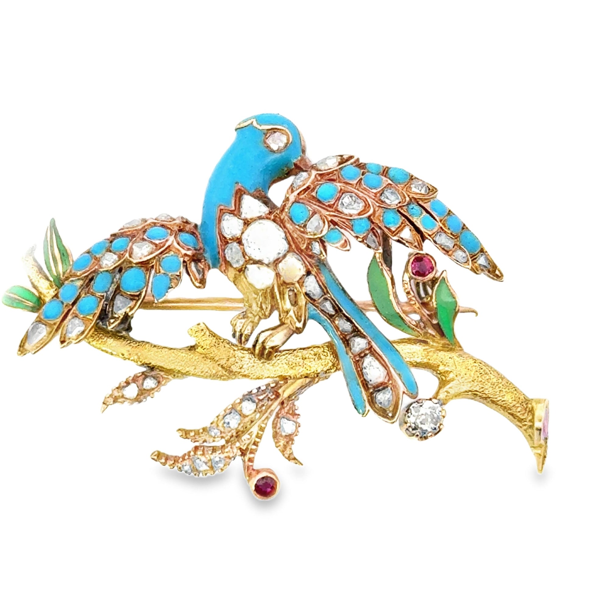 A 1900 18K Yellow Gold Gemset Turquoise Bird Brooch