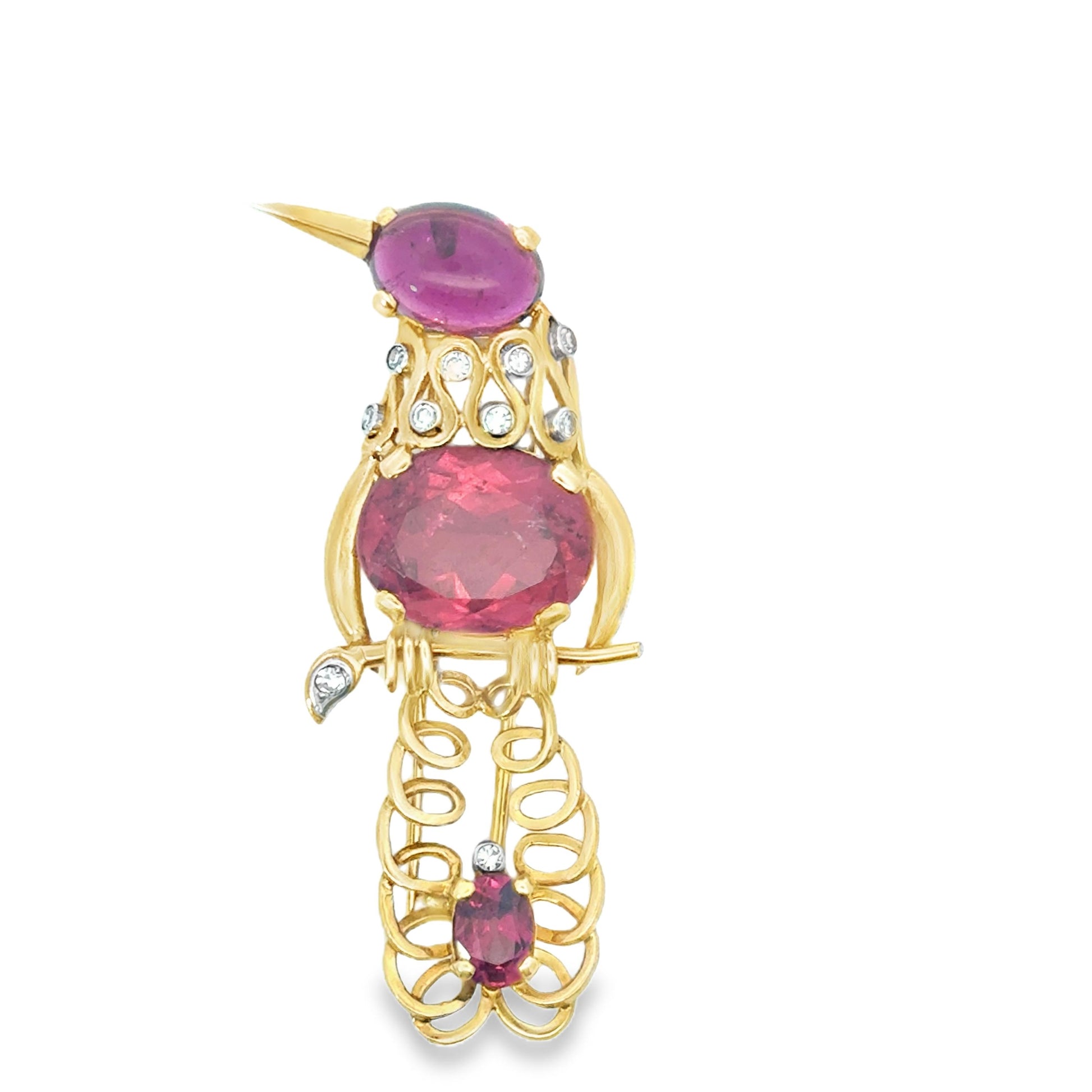 A 1960's Bird Brooch in Yellow Gold and Diamonds Set With Pink Tourmaline.