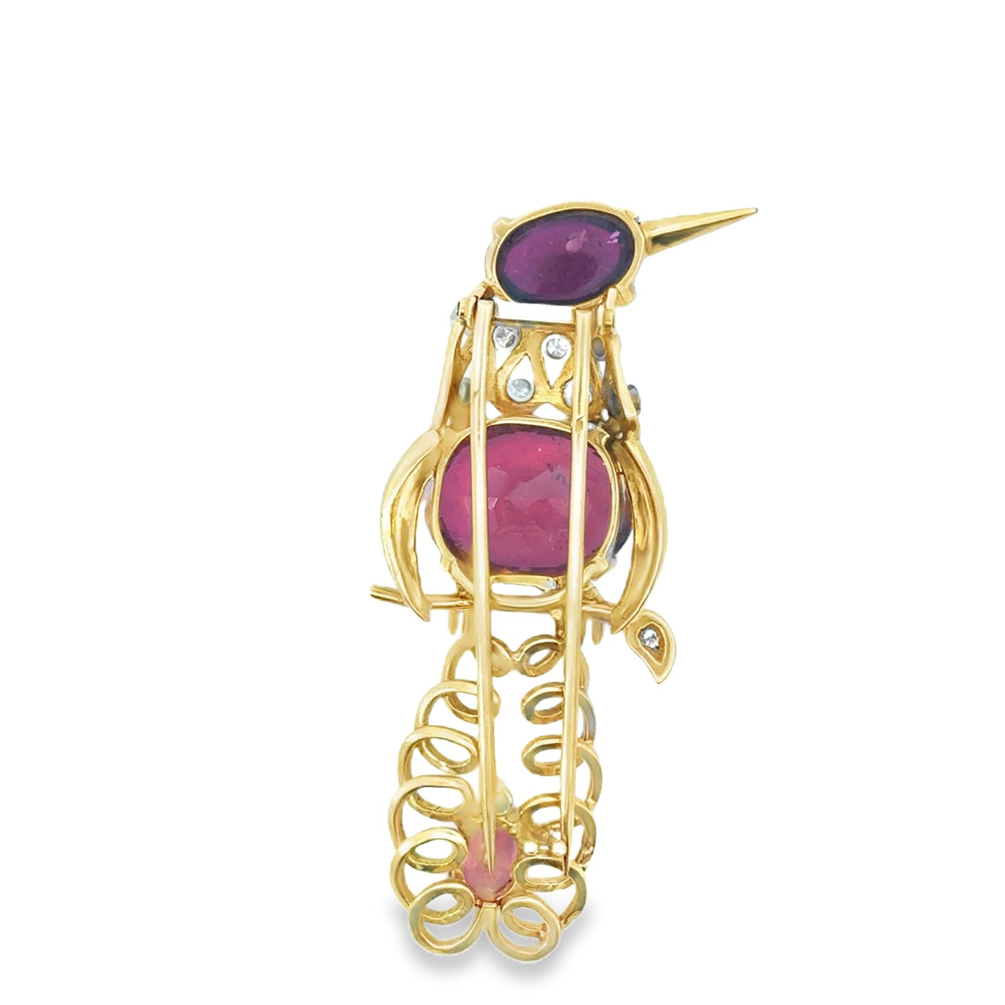 A 1960's Bird Brooch in Yellow Gold and Diamonds Set With Pink Tourmaline.