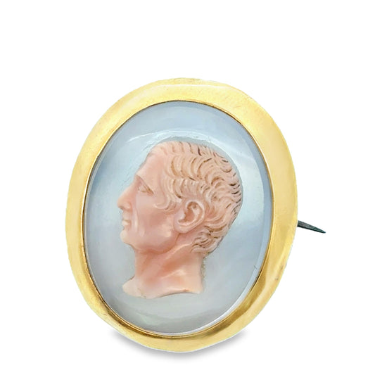 18k Yellow Gold  French Victorian Agate Cameo Pin / Brooch  - 11.28GRAM