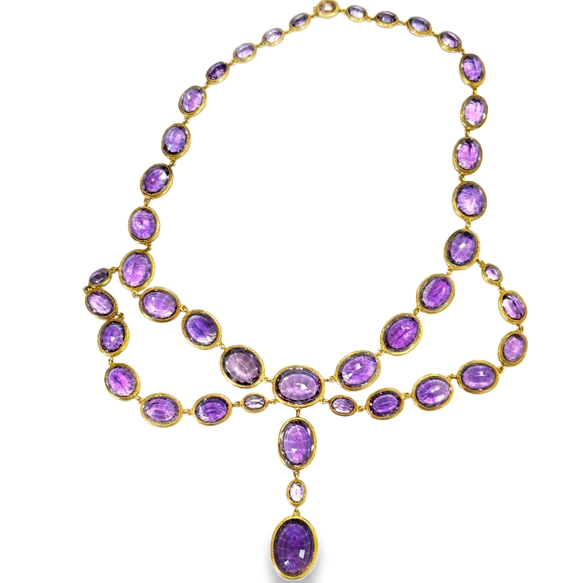 18k Yellow Gold   Victorian Drops Amethyst  Necklace  - 75.9GRAM -A143.2 cts