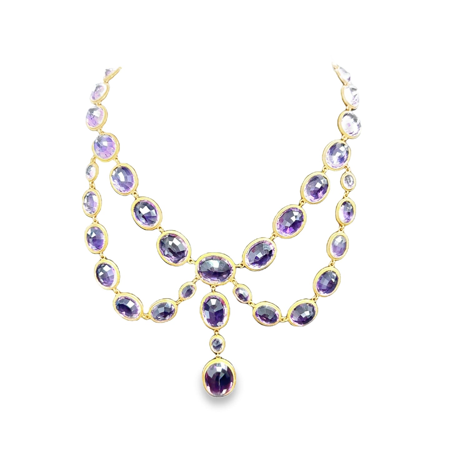 18k Yellow Gold   Victorian Drops Amethyst  Necklace  - 75.9GRAM -A143.2 cts