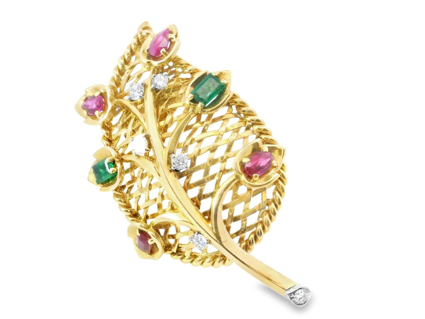 18k Yellow Gold  Cartier Vintage Emerald Ruby & Diamond  Leaf Pin / Brooch seria