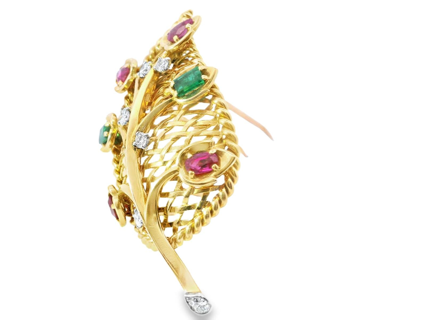 18k Yellow Gold  Cartier Vintage Emerald Ruby & Diamond  Leaf Pin / Brooch seria