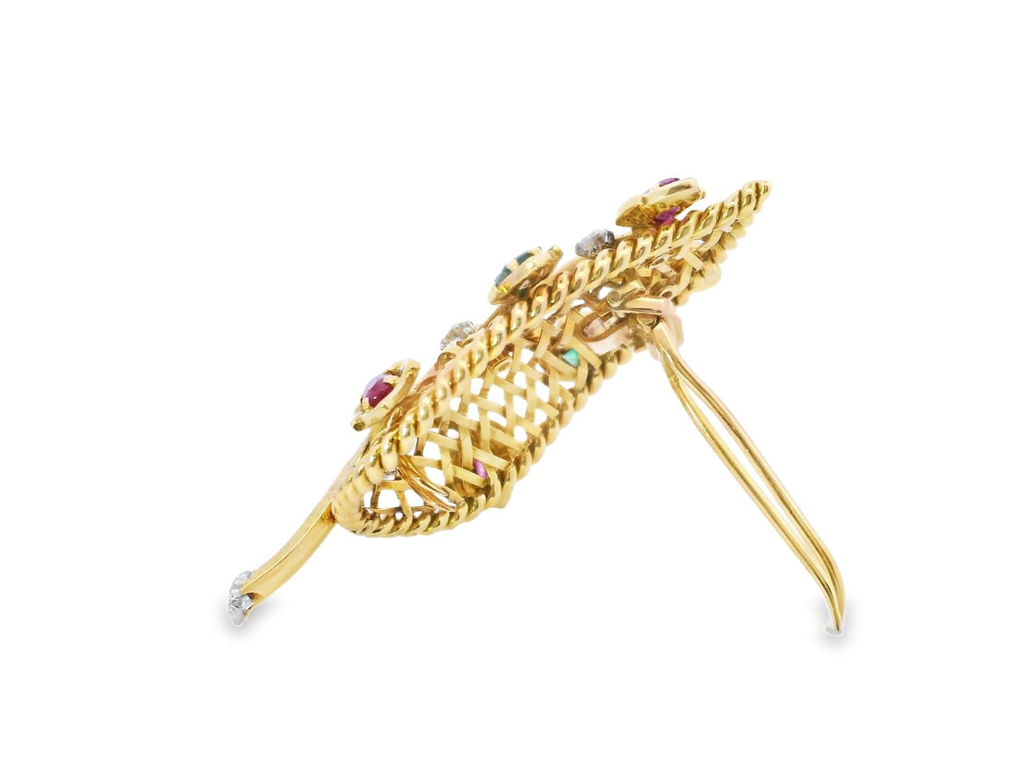 18k Yellow Gold  Cartier Vintage Emerald Ruby & Diamond  Leaf Pin / Brooch seria