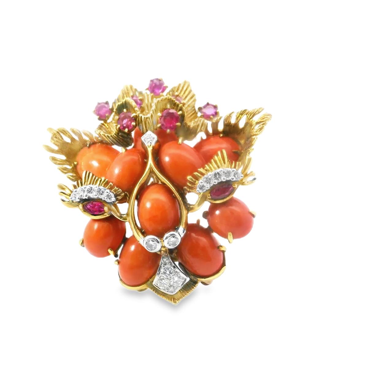 18K Yellow Gold and Platinum Coral Diamond  Gem Set Cat Pin