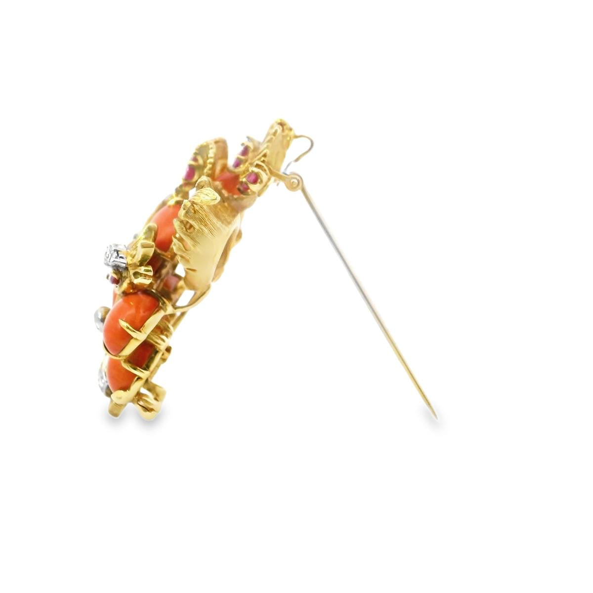 18K Yellow Gold and Platinum Coral Diamond  Gem Set Cat Pin