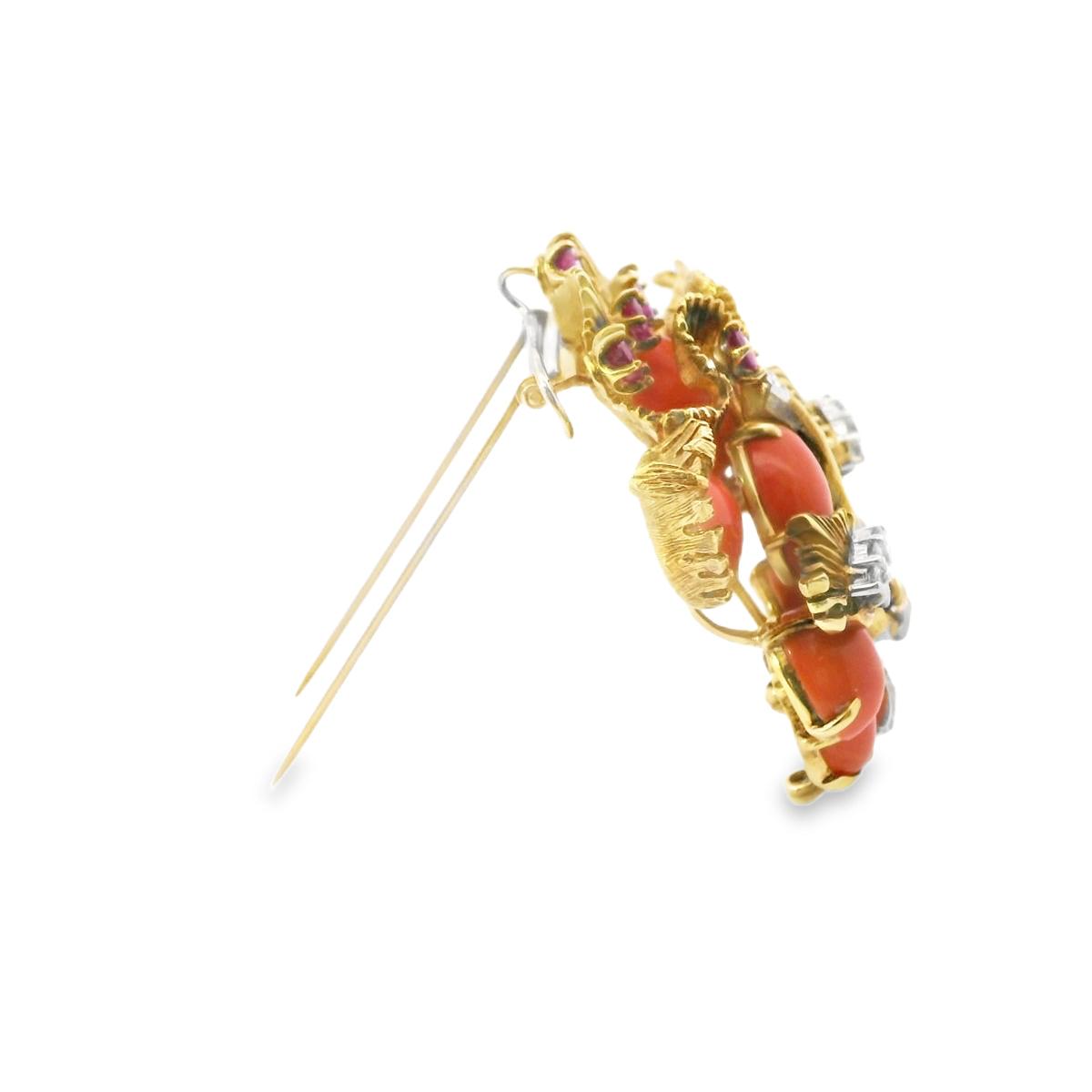 18K Yellow Gold and Platinum Coral Diamond  Gem Set Cat Pin