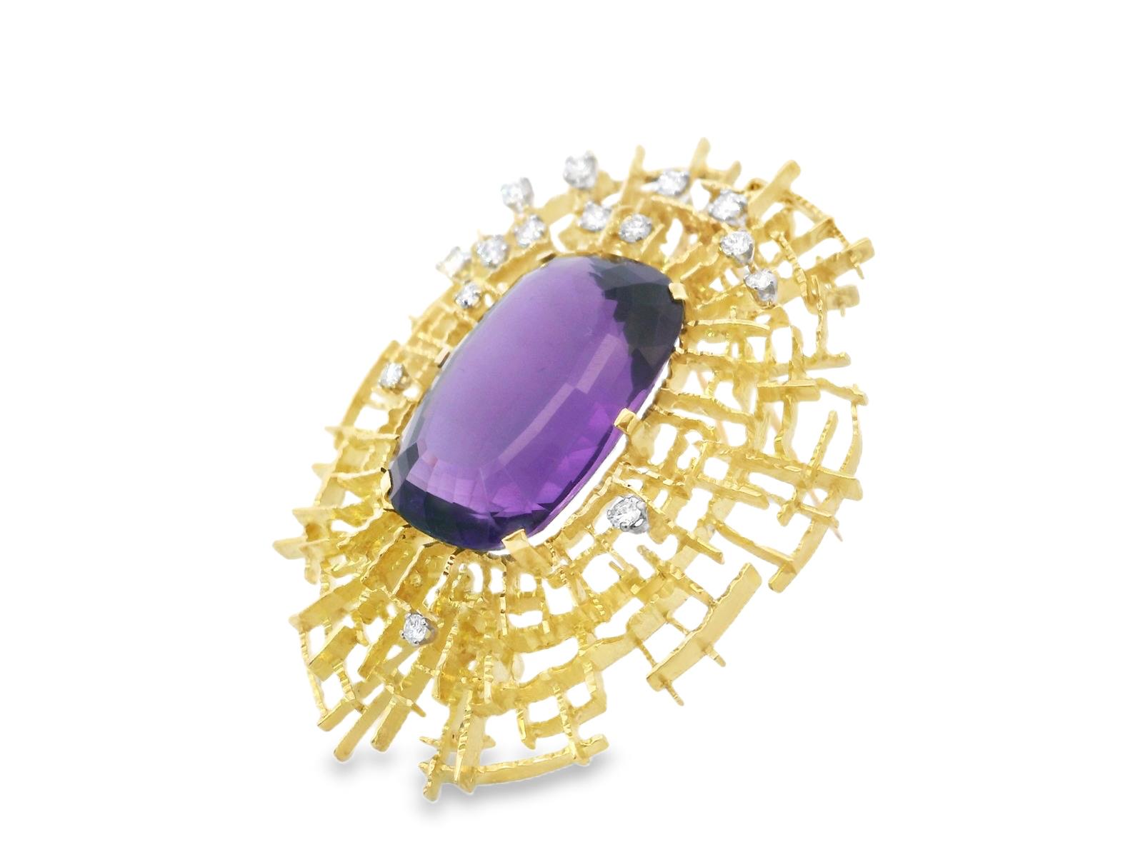 18k Yellow Gold  French 1970s Amethyst  Diamond  Pin / Brooch Beck and Ernest Bb