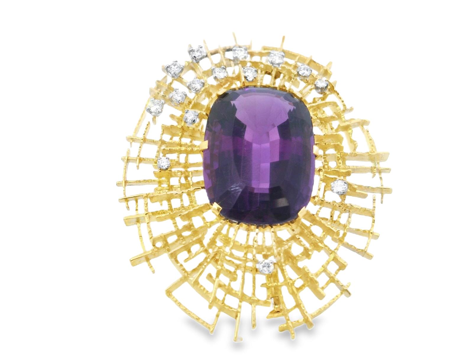 18k Yellow Gold  French 1970s Amethyst  Diamond  Pin / Brooch Beck and Ernest Bb