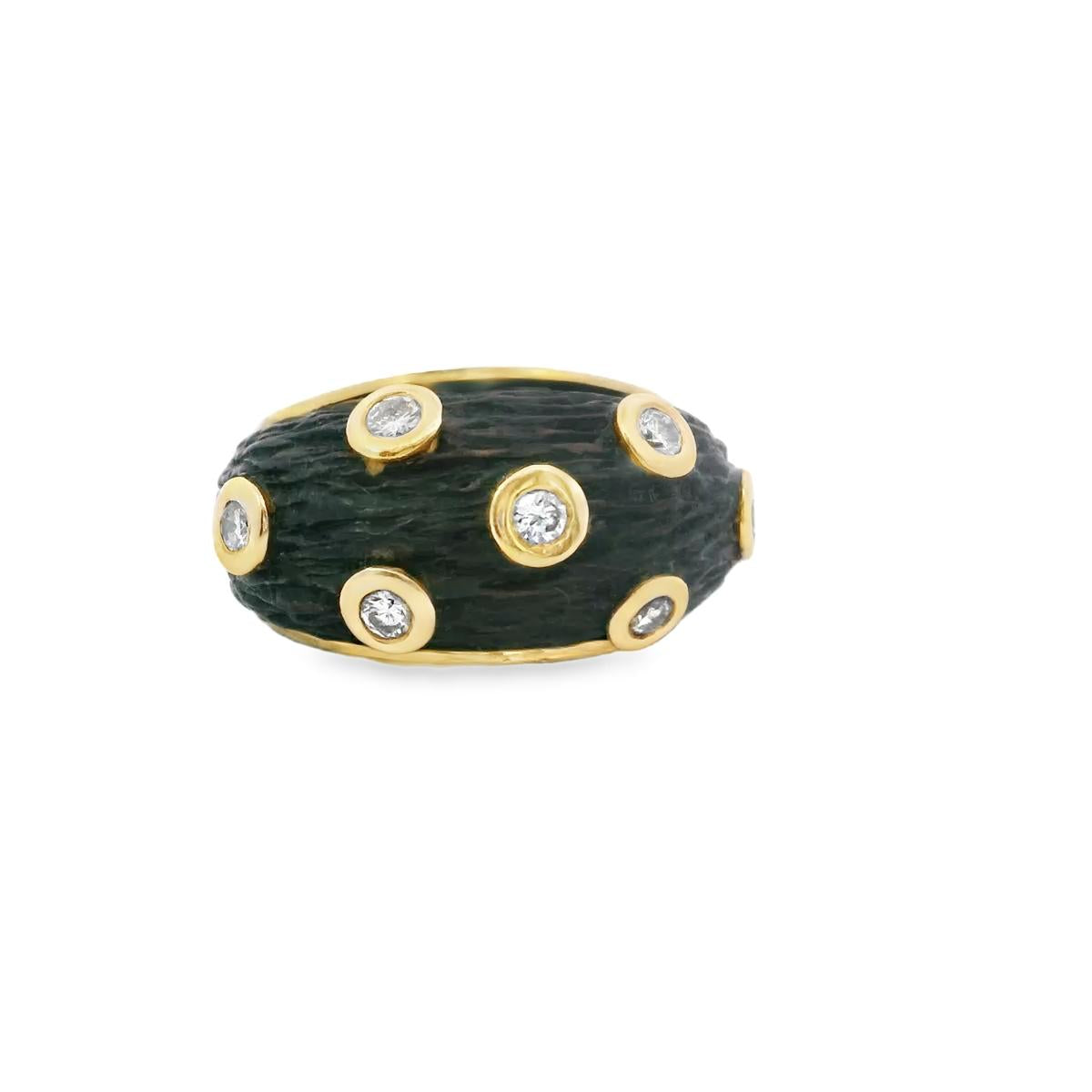 18k Yellow Gold  Italian Vintage Diamond  Wood Ring