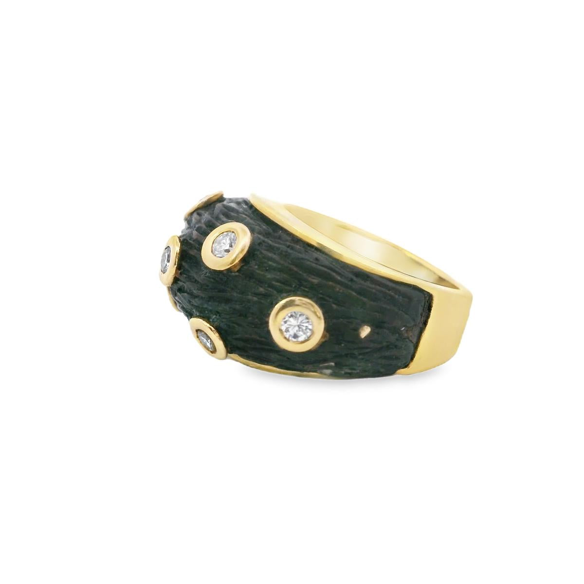 18k Yellow Gold  Italian Vintage Diamond  Wood Ring