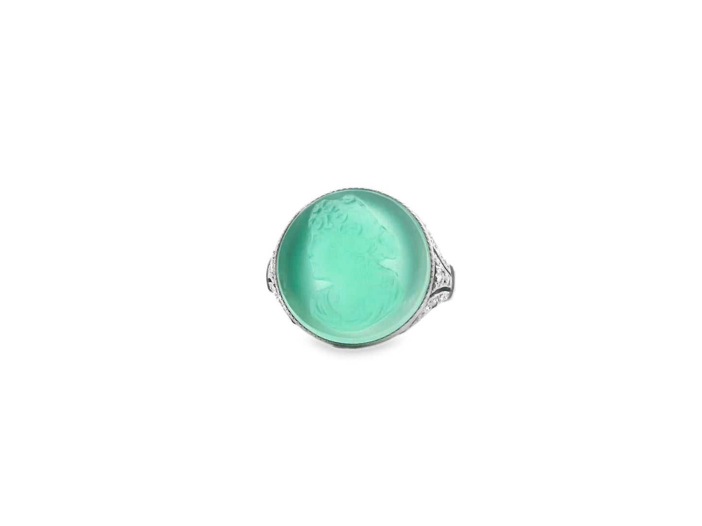 An Art Deco American Platinum Diamond and Chrysoprase Cameo Ring