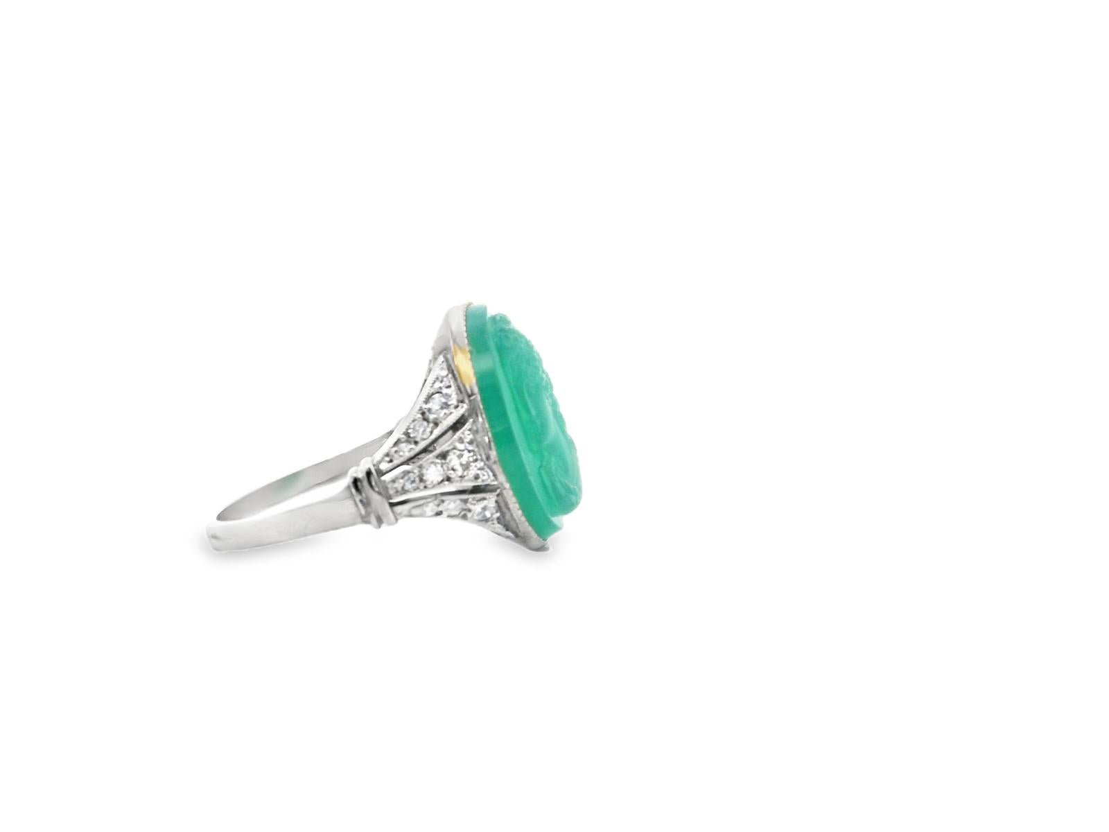 An Art Deco American Platinum Diamond and Chrysoprase Cameo Ring